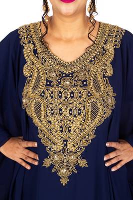 Navy Blue Wedding Farasha /Abaya/Gown/Gold Embellished Kaftan Maxi Dress 3