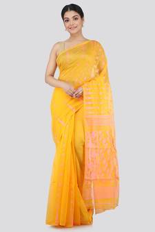 Pinkloom Women'S Yellow Hand Woven Jamdani-Sarees Without Blouse