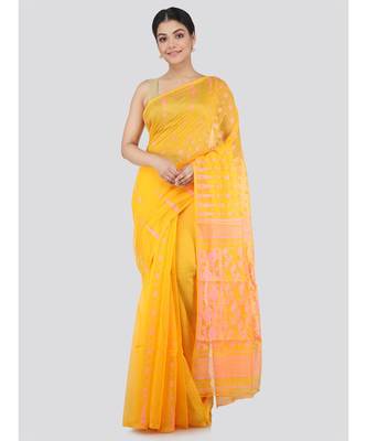 Pinkloom Women'S Yellow Hand Woven Jamdani-Sarees Without Blouse 1