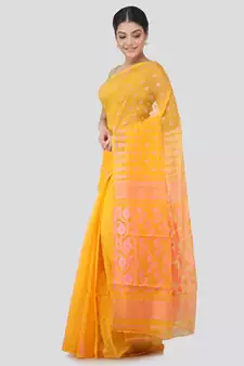 Pinkloom Women'S Yellow Hand Woven Jamdani-Sarees Without Blouse