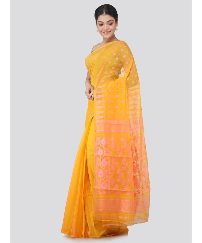 Pinkloom Women'S Yellow Hand Woven Jamdani-Sarees Without Blouse