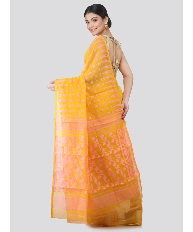 Pinkloom Women'S Yellow Hand Woven Jamdani-Sarees Without Blouse