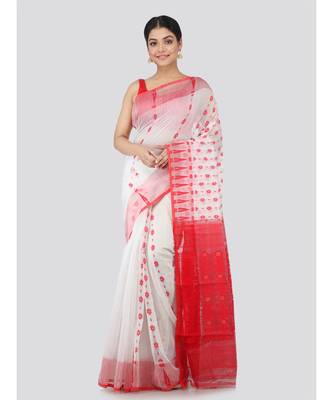 Pinkloom Women'S White Hand Woven Jamdani-Sarees Without Blouse 1
