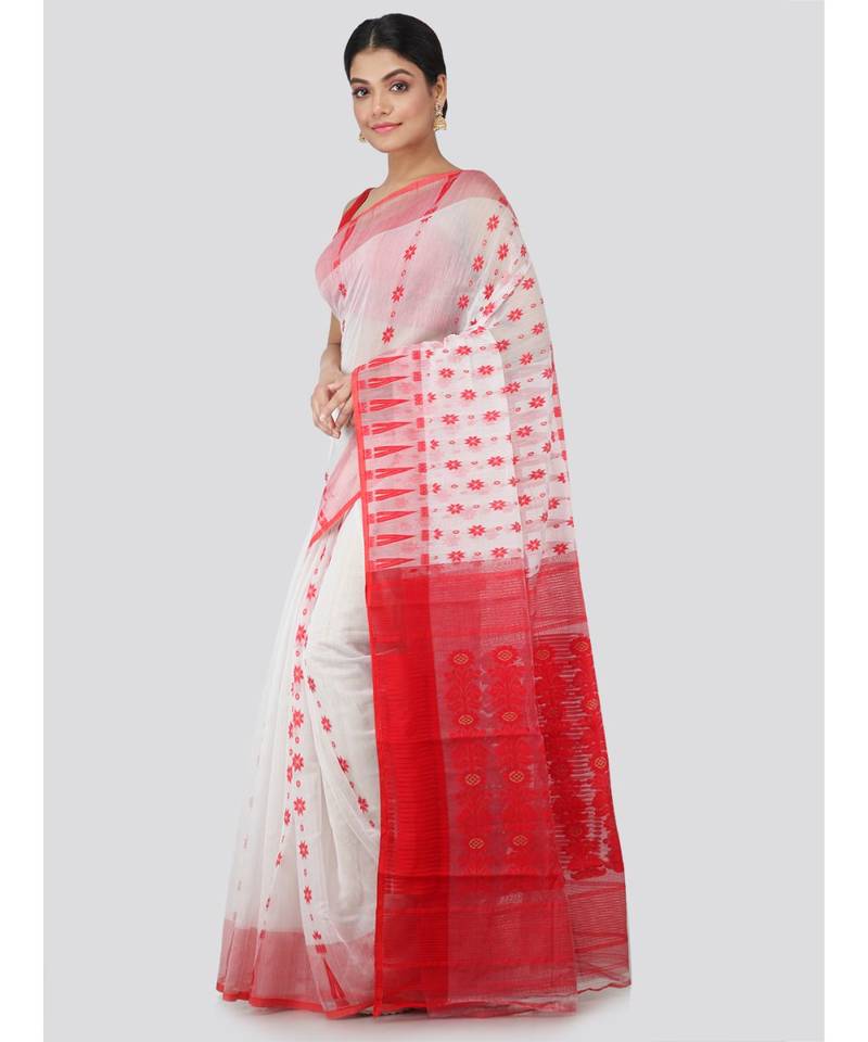 Pinkloom Women'S White Hand Woven Jamdani-Sarees Without Blouse