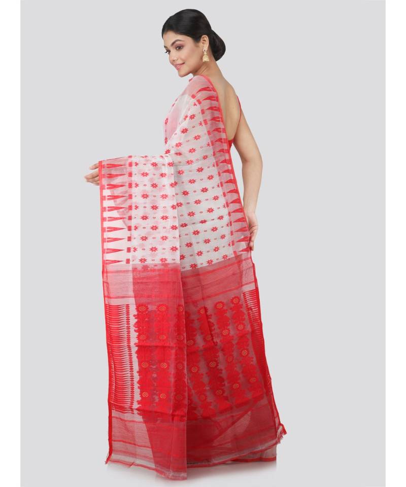 Pinkloom Women'S White Hand Woven Jamdani-Sarees Without Blouse