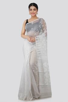 Pinkloom Women'S White Hand Woven Jamdani-Sarees Without Blouse