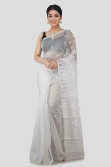 Pinkloom Women'S White Hand Woven Jamdani-Sarees Without Blouse