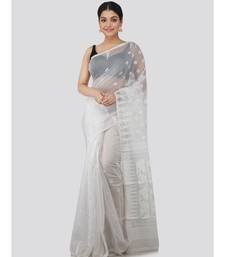 Pinkloom Women'S White Hand Woven Jamdani-Sarees Without Blouse