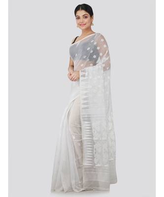 Pinkloom Women'S White Hand Woven Jamdani-Sarees Without Blouse 2
