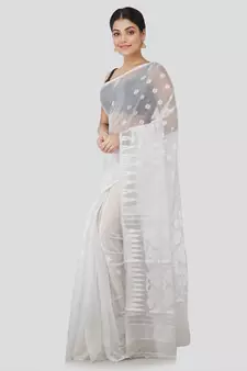 Pinkloom Women'S White Hand Woven Jamdani-Sarees Without Blouse