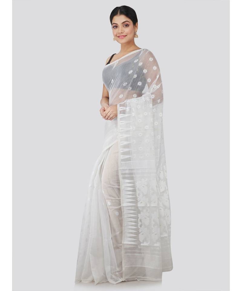 Pinkloom Women'S White Hand Woven Jamdani-Sarees Without Blouse