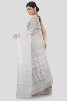 Pinkloom Women'S White Hand Woven Jamdani-Sarees Without Blouse