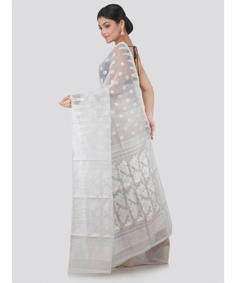 Pinkloom Women'S White Hand Woven Jamdani-Sarees Without Blouse