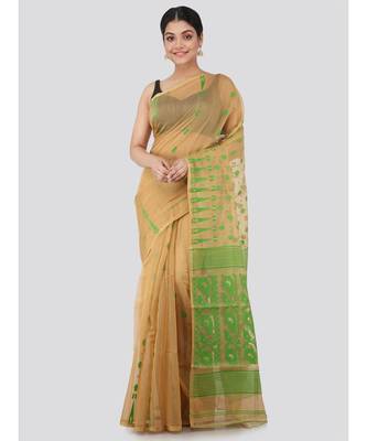 Pinkloom Women'S Beige Hand Woven Jamdani-Sarees Without Blouse 1
