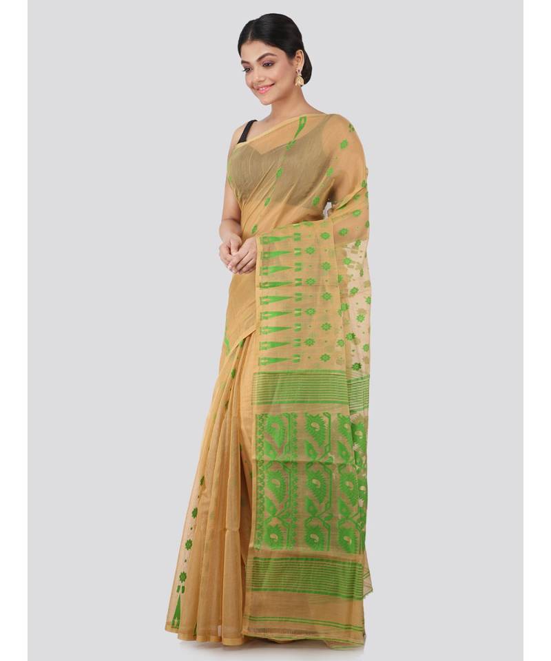 Pinkloom Women'S Beige Hand Woven Jamdani-Sarees Without Blouse