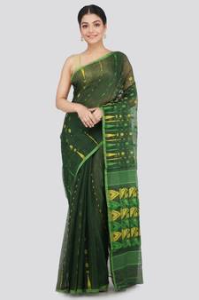 PinkLoom Women's green hand woven jamdani-sarees Without Blouse