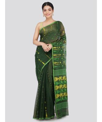 PinkLoom Women's green hand woven jamdani-sarees Without Blouse 1