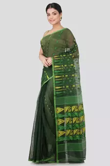 PinkLoom Women's green hand woven jamdani-sarees Without Blouse