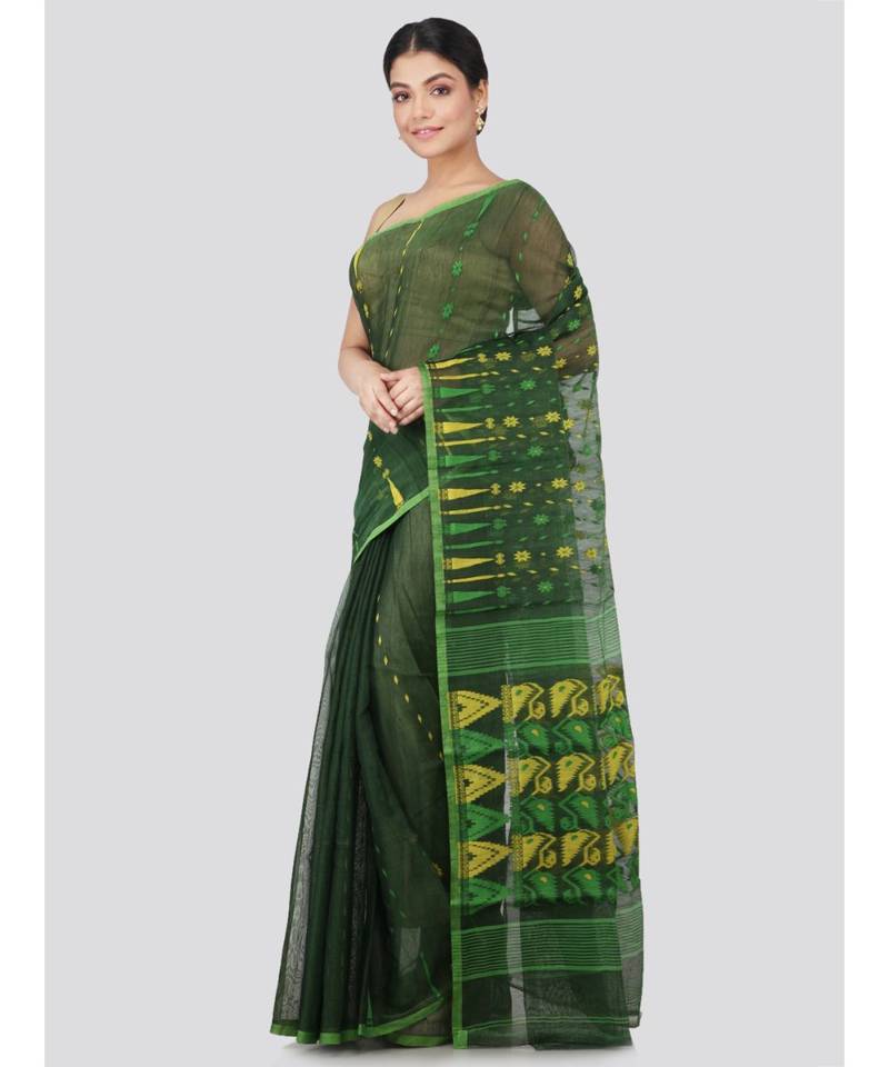 PinkLoom Women's green hand woven jamdani-sarees Without Blouse