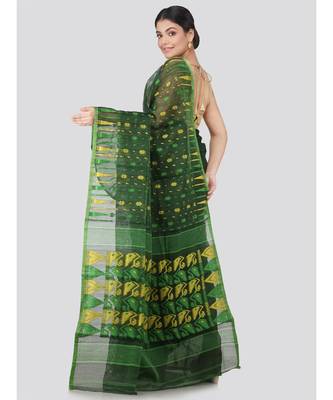 PinkLoom Women's green hand woven jamdani-sarees Without Blouse 3