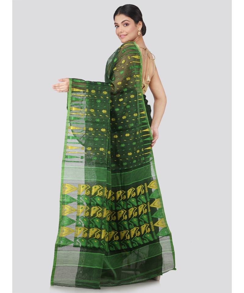 PinkLoom Women's green hand woven jamdani-sarees Without Blouse