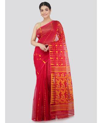 Pinkloom Women'S Red Hand Woven Jamdani-Sarees Without Blouse 1