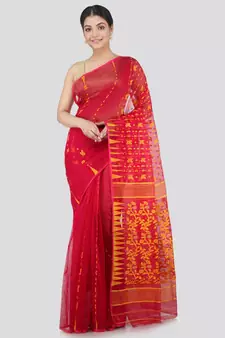 Pinkloom Women'S Red Hand Woven Jamdani-Sarees Without Blouse