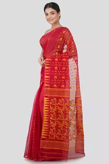 Pinkloom Women'S Red Hand Woven Jamdani-Sarees Without Blouse