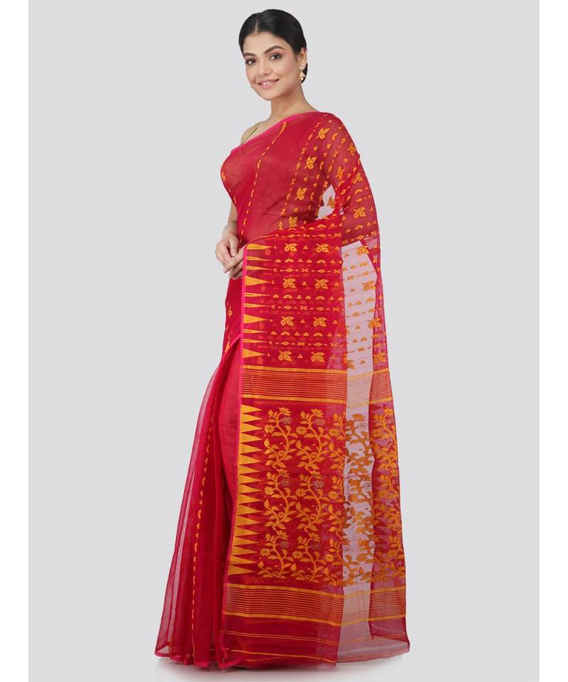 Pinkloom Women'S Red Hand Woven Jamdani-Sarees Without Blouse