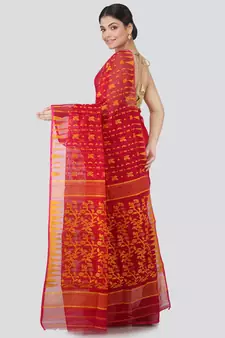 Pinkloom Women'S Red Hand Woven Jamdani-Sarees Without Blouse