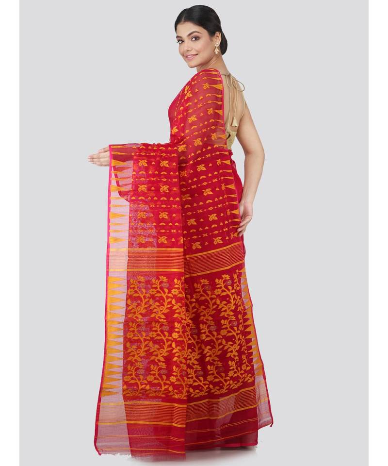 Pinkloom Women'S Red Hand Woven Jamdani-Sarees Without Blouse