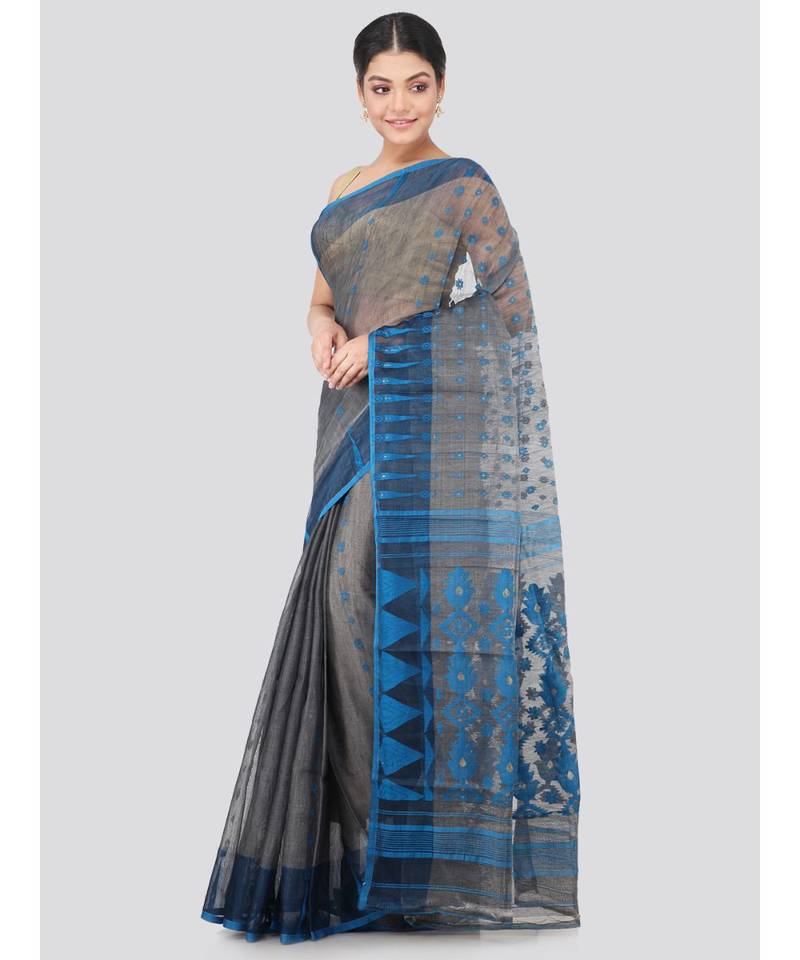 Pinkloom Women'S Grey Hand Woven Jamdani-Sarees Without Blouse