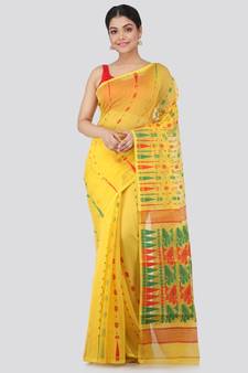 Pinkloom Women'S Yellow Hand Woven Jamdani-Sarees Without Blouse