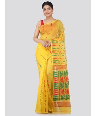 Pinkloom Women'S Yellow Hand Woven Jamdani-Sarees Without Blouse 1
