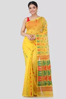 Pinkloom Women'S Yellow Hand Woven Jamdani-Sarees Without Blouse