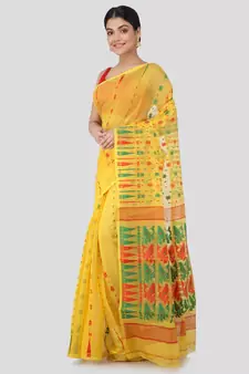Pinkloom Women'S Yellow Hand Woven Jamdani-Sarees Without Blouse