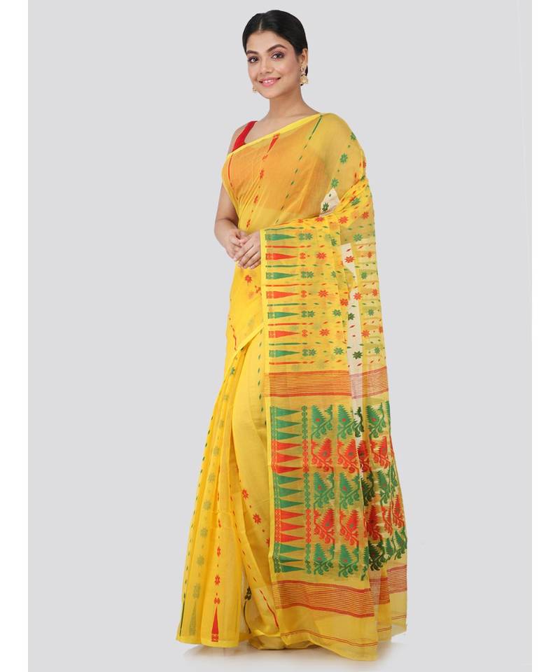 Pinkloom Women'S Yellow Hand Woven Jamdani-Sarees Without Blouse