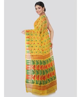 Pinkloom Women'S Yellow Hand Woven Jamdani-Sarees Without Blouse 3