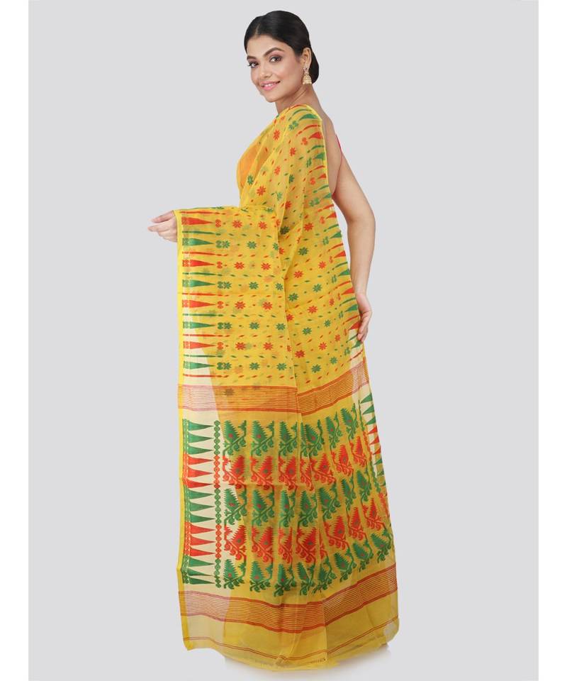 Pinkloom Women'S Yellow Hand Woven Jamdani-Sarees Without Blouse