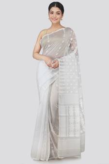 Pinkloom Women'S White Hand Woven Jamdani-Sarees Without Blouse