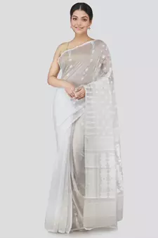 PinkLoom Women's white hand woven jamdani-sarees Without Blouse