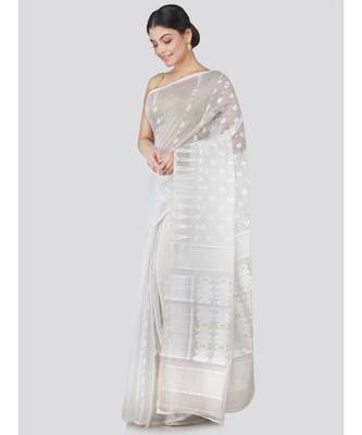 Pinkloom Women'S White Hand Woven Jamdani-Sarees Without Blouse 2