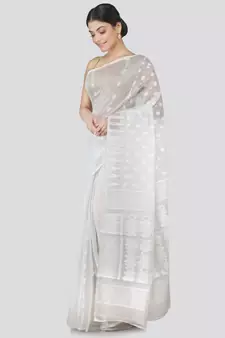 Pinkloom Women'S White Hand Woven Jamdani-Sarees Without Blouse