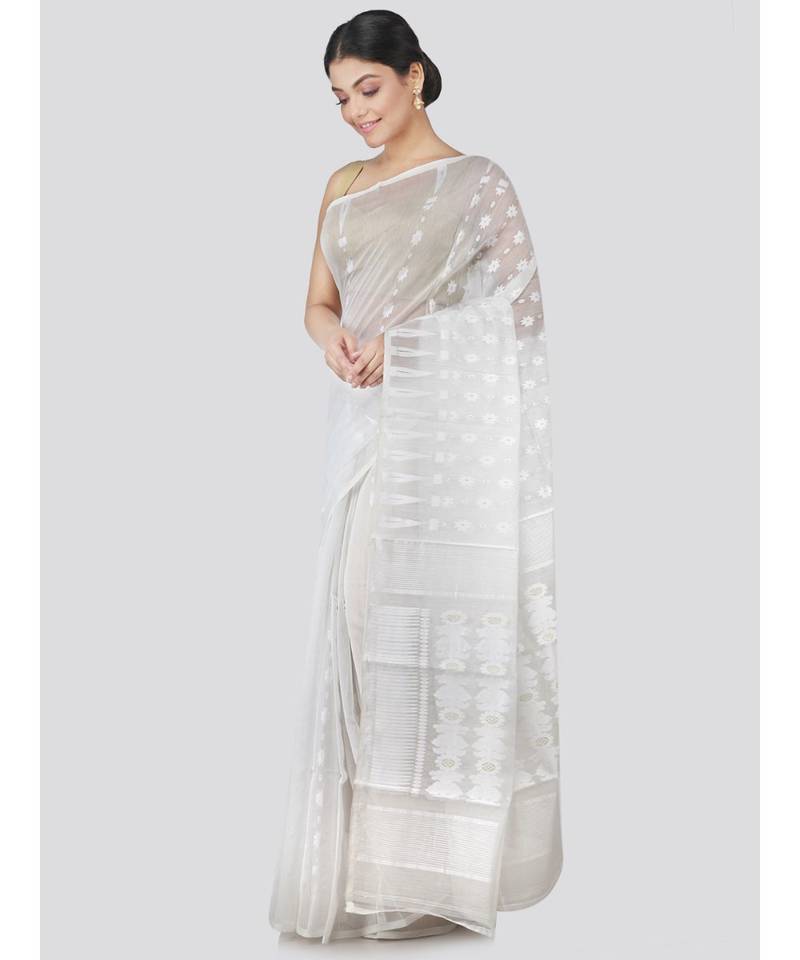 Pinkloom Women'S White Hand Woven Jamdani-Sarees Without Blouse