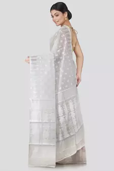 Pinkloom Women'S White Hand Woven Jamdani-Sarees Without Blouse