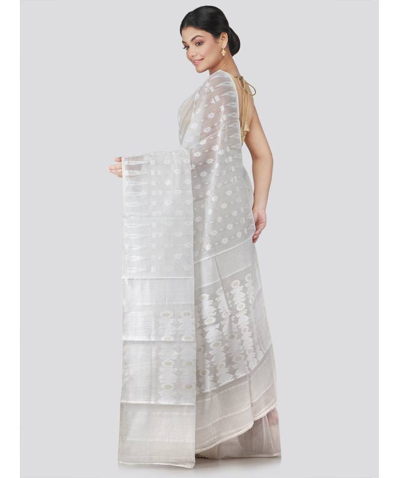 Pinkloom Women'S White Hand Woven Jamdani-Sarees Without Blouse