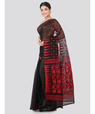 Pinkloom Women'S Black Hand Woven Jamdani-Sarees Without Blouse 2