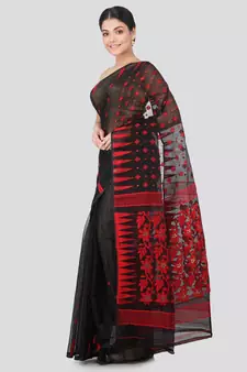 Pinkloom Women'S Black Hand Woven Jamdani-Sarees Without Blouse