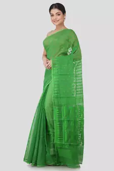 Pinkloom Women'S Green Hand Woven Jamdani-Sarees Without Blouse