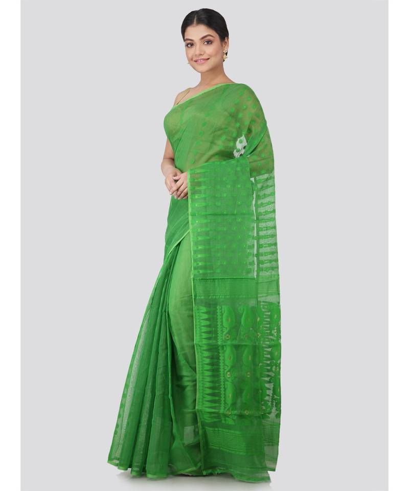 Pinkloom Women'S Green Hand Woven Jamdani-Sarees Without Blouse